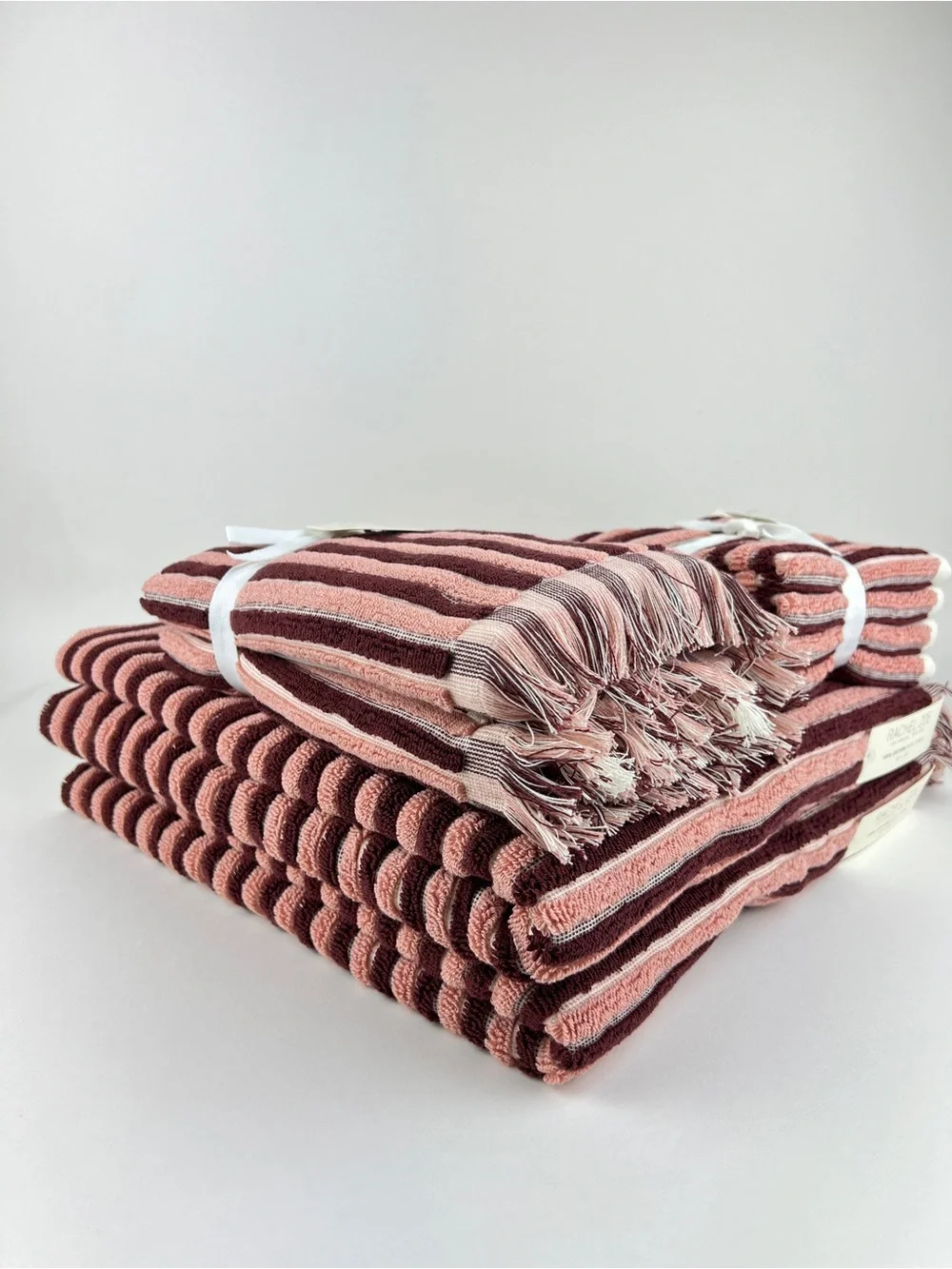Rachel Zoe Bath Towel Set Pink Burgundy Cream Stripe & Fringe Cotton 8 Pc NEW